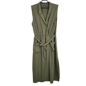 Womens Boohoo Olive Green Belted Midi Dress Sleeveless Pockets Polyester Size 16